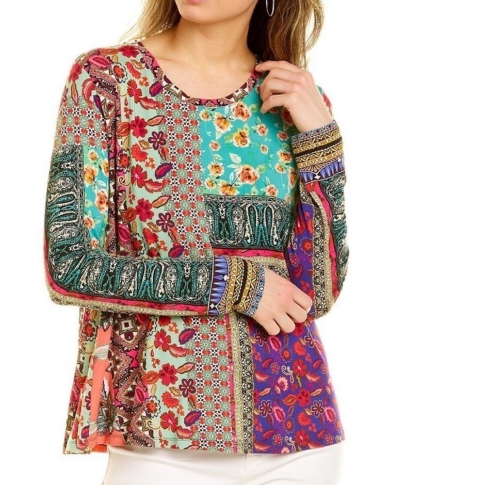 New Johnny Was Favorite GOGO Floral Print Boho Long Sleeve Swing Tee SZ XS
